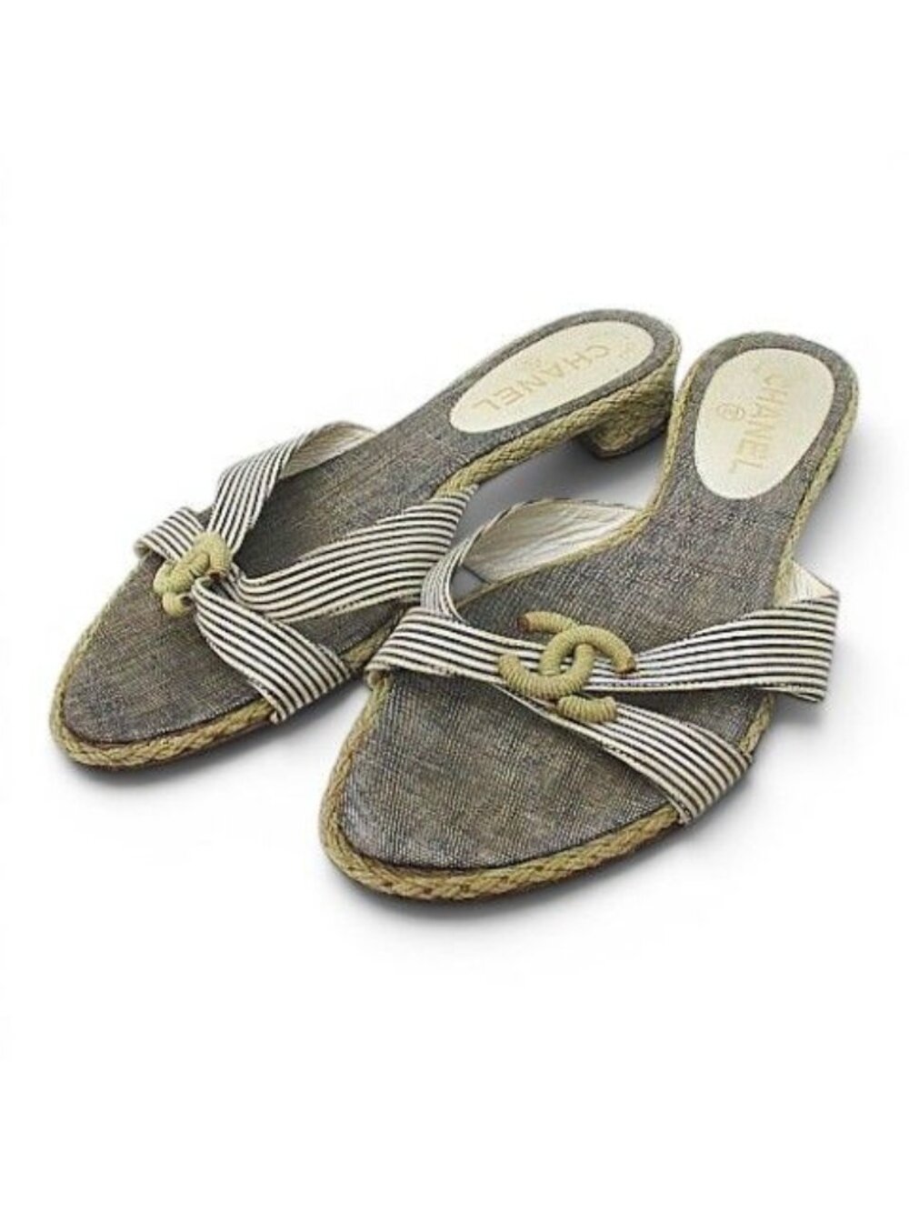 Chanel Marine Wedge Sole Sandals Mules CC Logo Cross 38 Gray